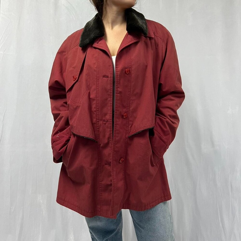 Burgundy And Black Vintage 90 S trench coat with faux fur collar